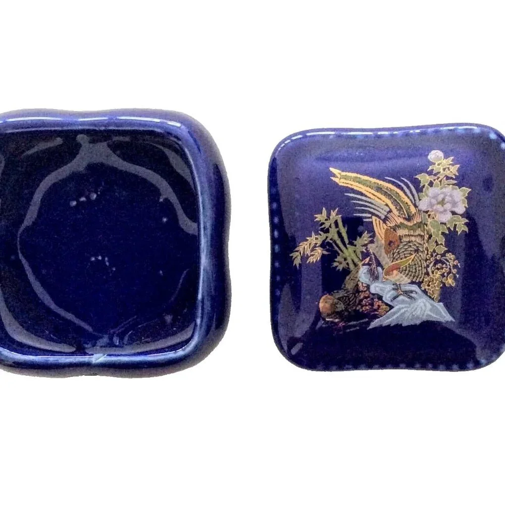 Ceramic Trinket Box Cobalt Blue with Bird Outdoors